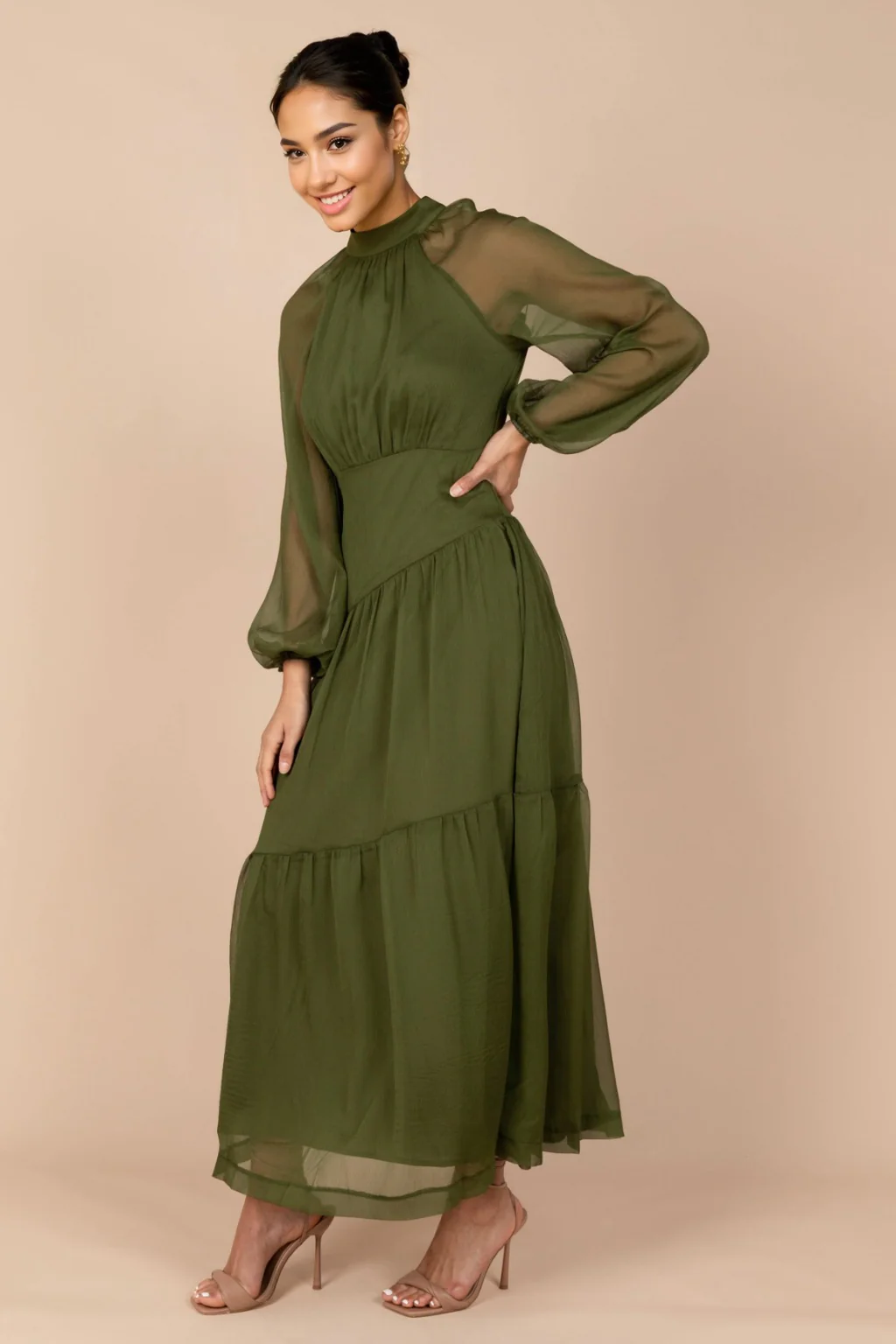 Julip Sheer Long Sleeve Maxi Dress - Olive - luluinthesky