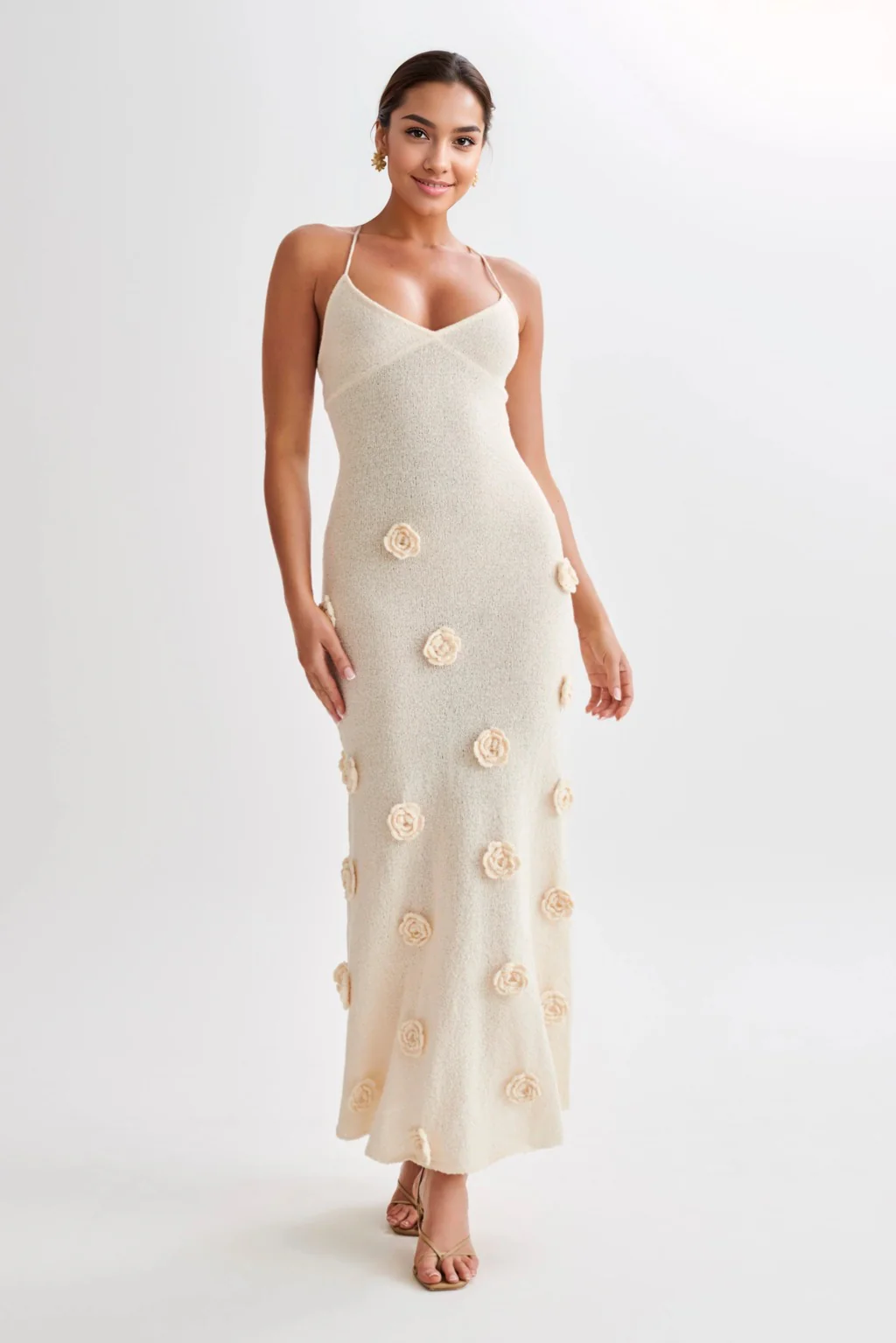 Suki Crochet Maxi Dress With Flowers - Nude - luluinthesky