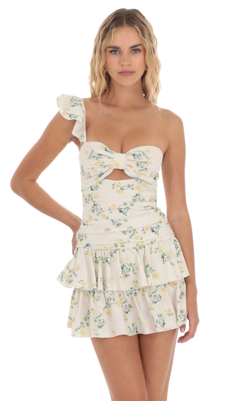 Floral One Shoulder Cutout Dress in Off White - luluinthesky