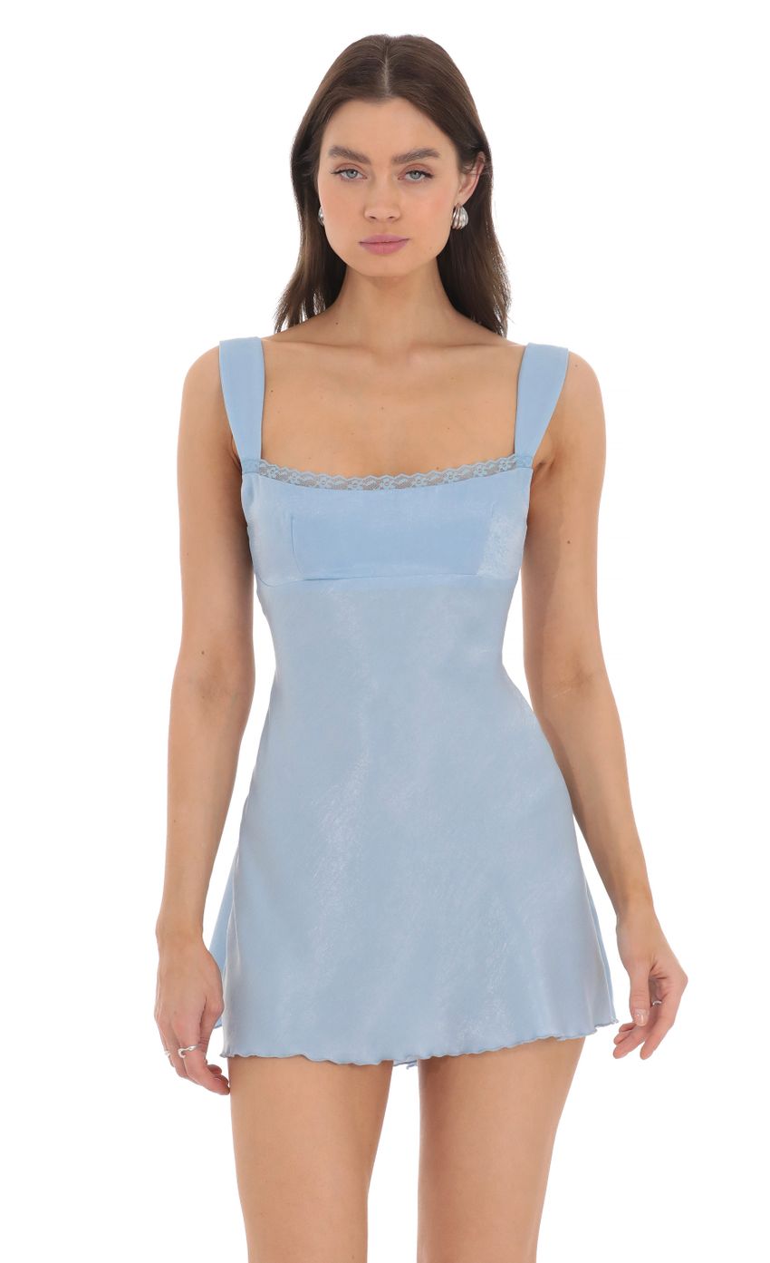 Satin Lace Trim Open Back Dress in Blue - luluinthesky
