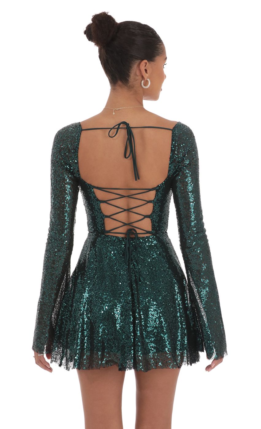 Sequin Long Sleeve Fit and Flare Dress in Green - luluinthesky