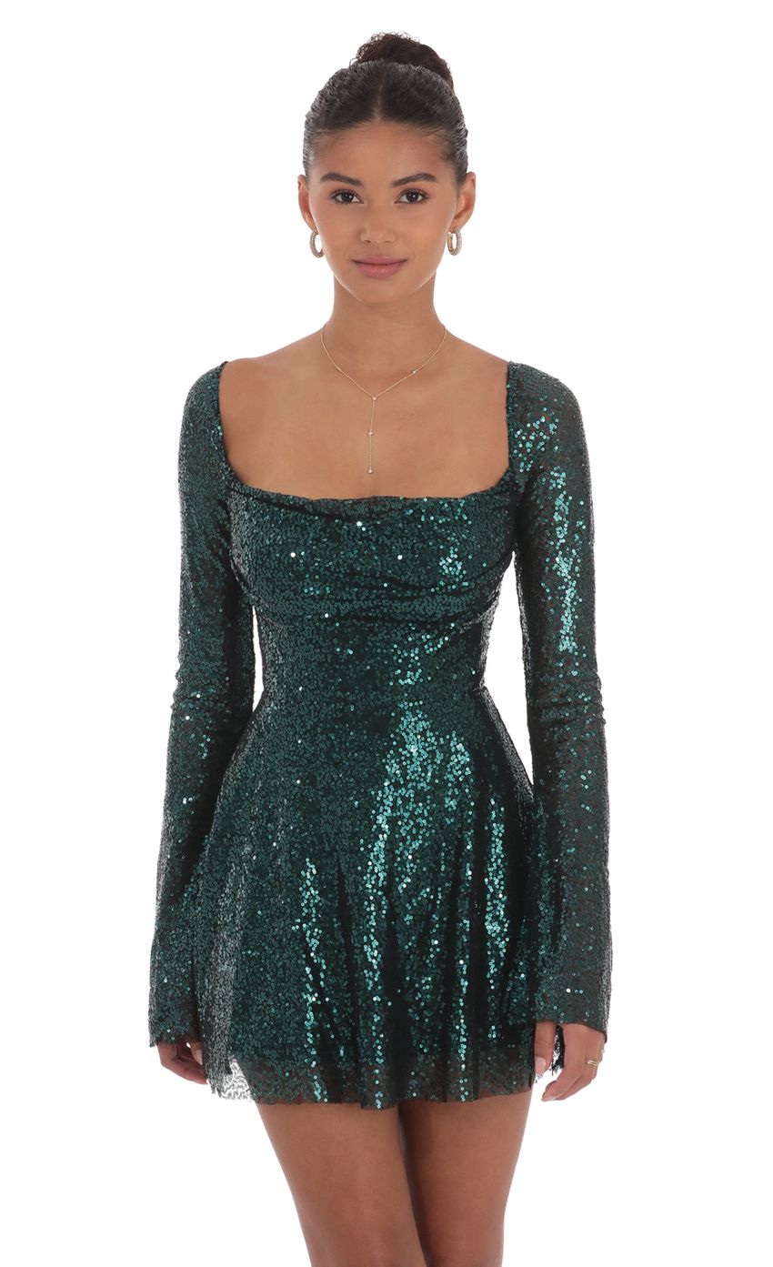 Sequin Long Sleeve Fit and Flare Dress in Green - luluinthesky