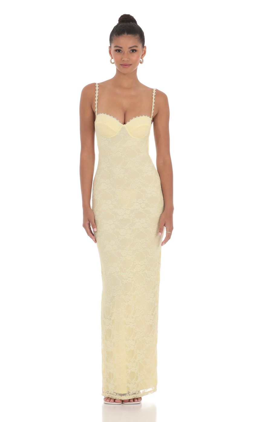 Lace Floral Trim Maxi Dress in Yellow - luluinthesky