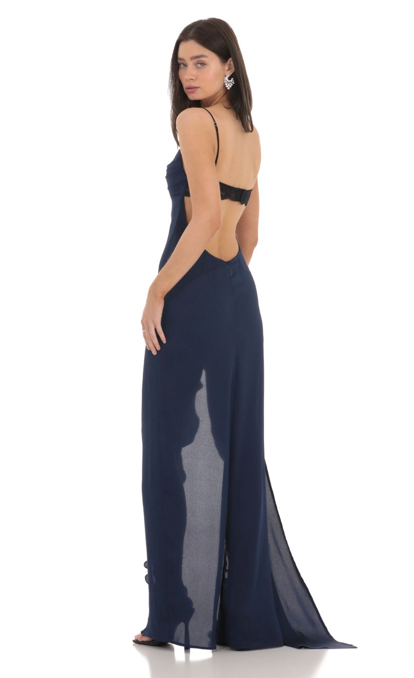 Cowl Neck Satin Open Back Maxi Dress in Navy - luluinthesky