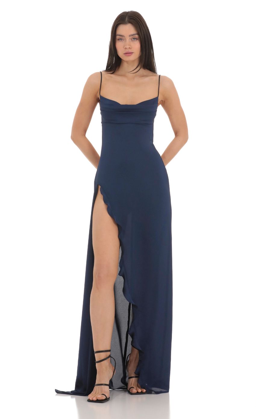 Cowl Neck Satin Open Back Maxi Dress in Navy - luluinthesky