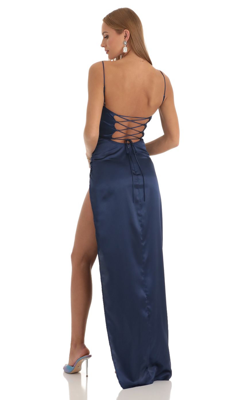 Satin Draped High Slit Maxi Dress in Navy - luluinthesky