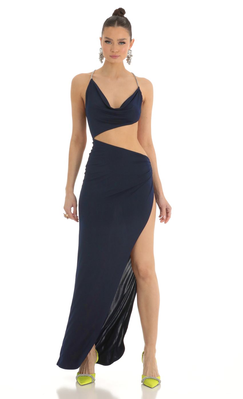 Rhinestone Cutout Maxi Dress in Navy - luluinthesky