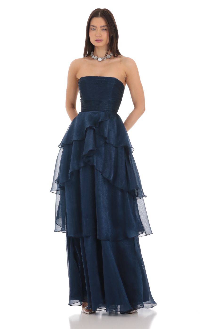 Corset Ruffle Strapless Maxi Dress in Navy - luluinthesky