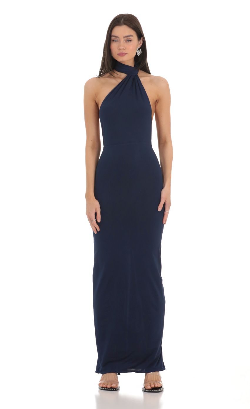 One Shoulder Scarf Strap Maxi Dress in Navy - luluinthesky