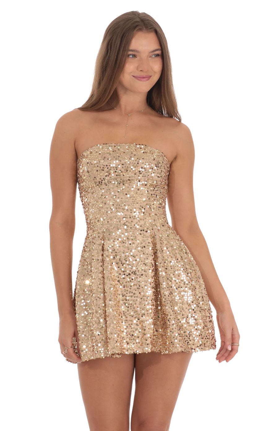 Sequin Strapless Fit and Flare Dress in Gold - luluinthesky