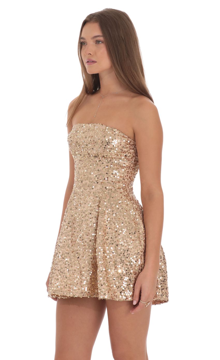 Sequin Strapless Fit and Flare Dress in Gold - luluinthesky
