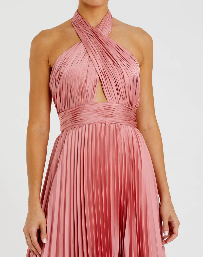 Pleated Halter Neck Asymmetrical Hem Gown - luluinthesky