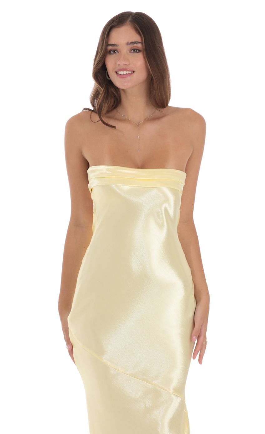 Strapless Satin Open Back Maxi Dress in Yellow - luluinthesky