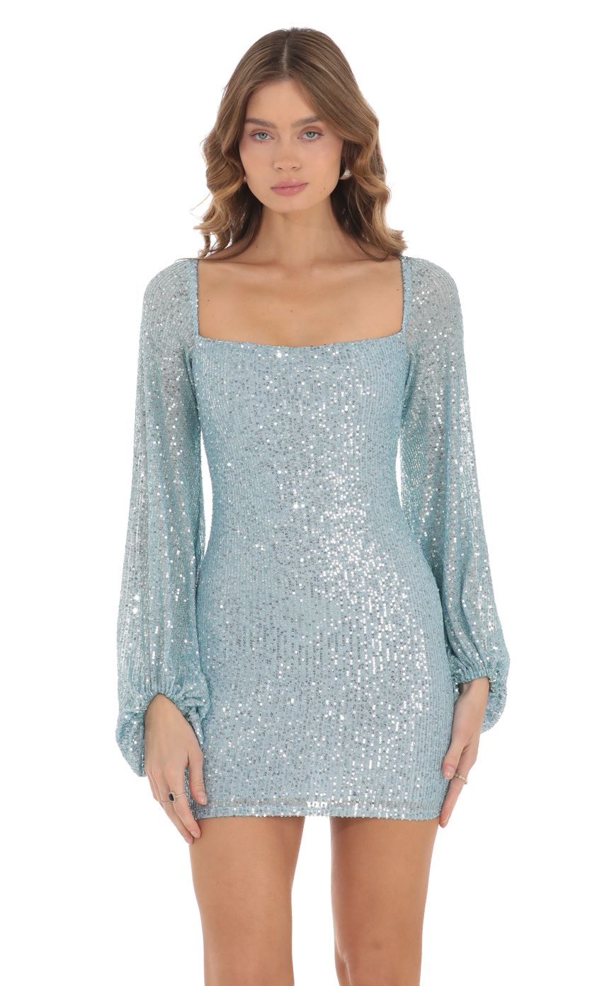Shantelle Sequin Long Sleeve Dress in Blue - luluinthesky