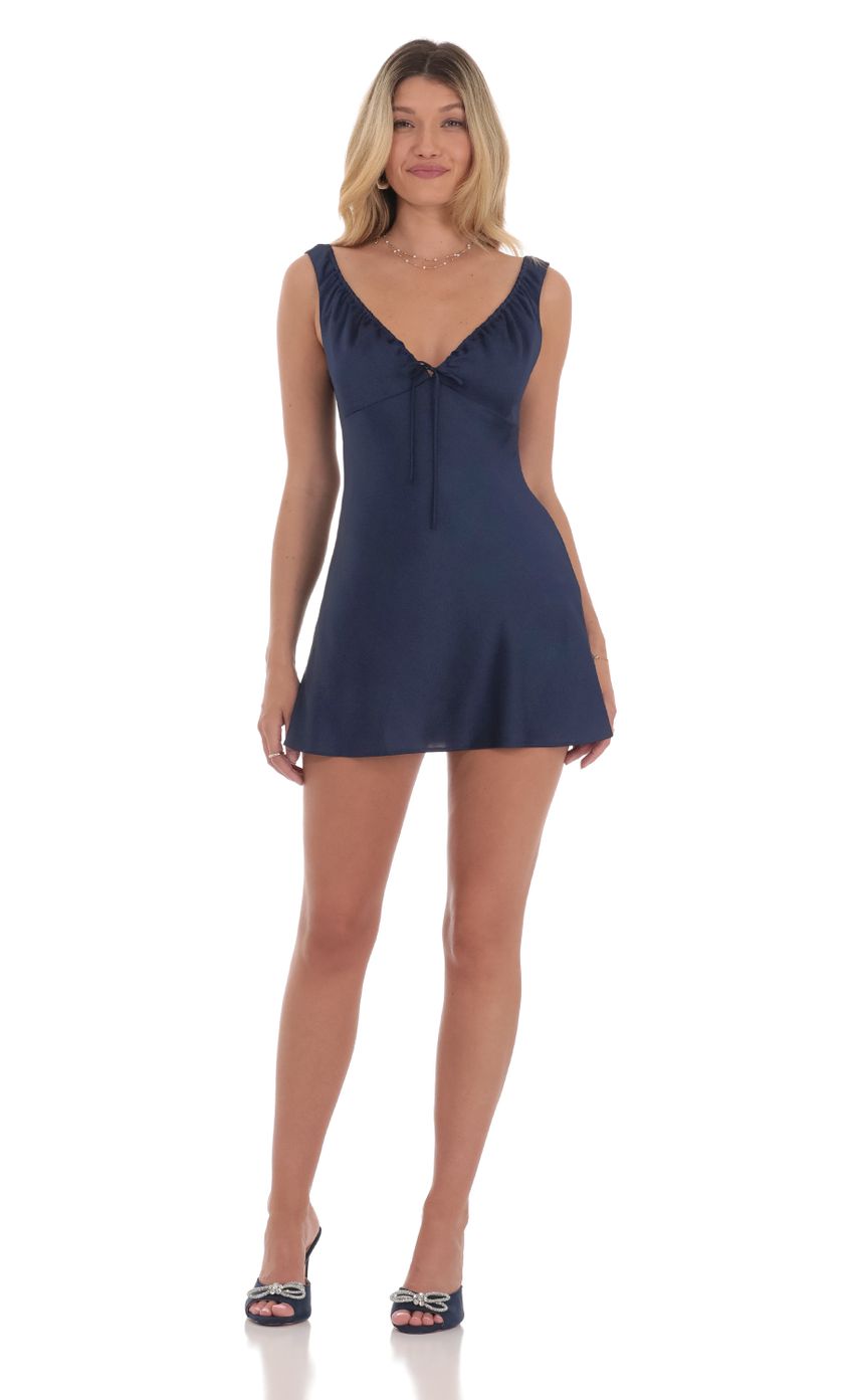 Satin V-Neck Dress in Navy - luluinthesky