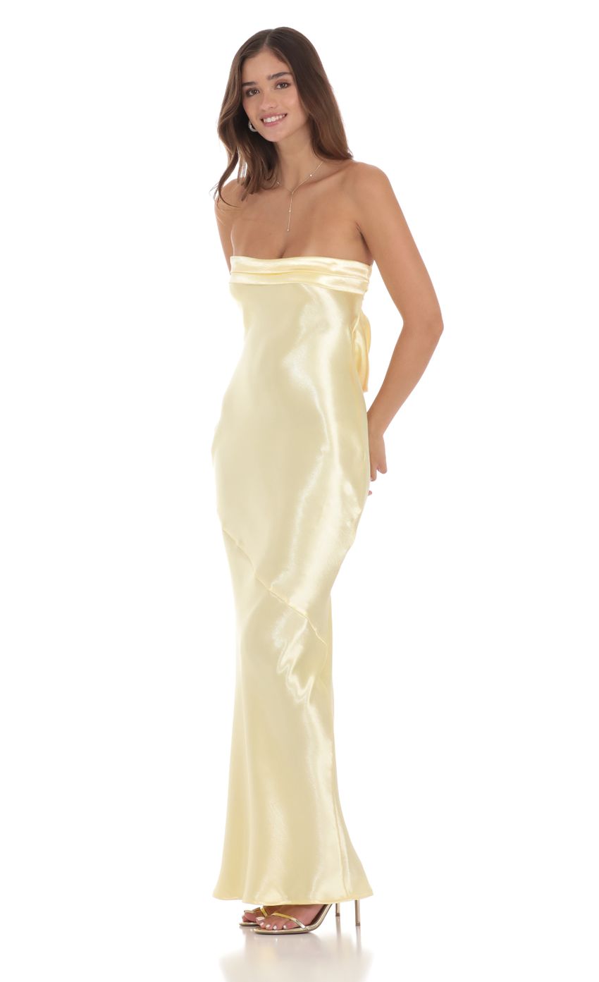 Strapless Satin Open Back Maxi Dress in Yellow - luluinthesky