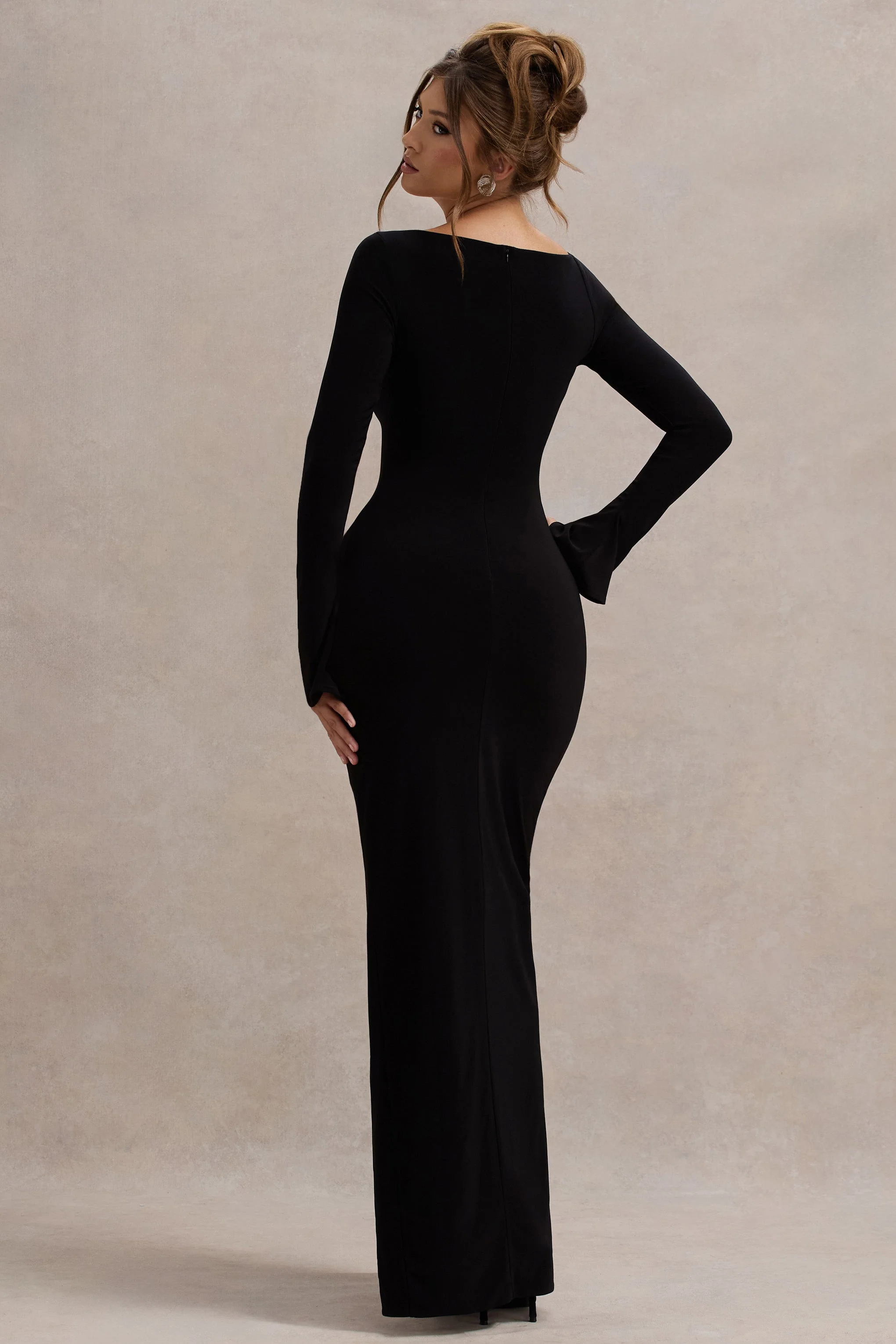 Cosmos | Black Asymmetric Long-Sleeve Split Maxi Dress - luluinthesky