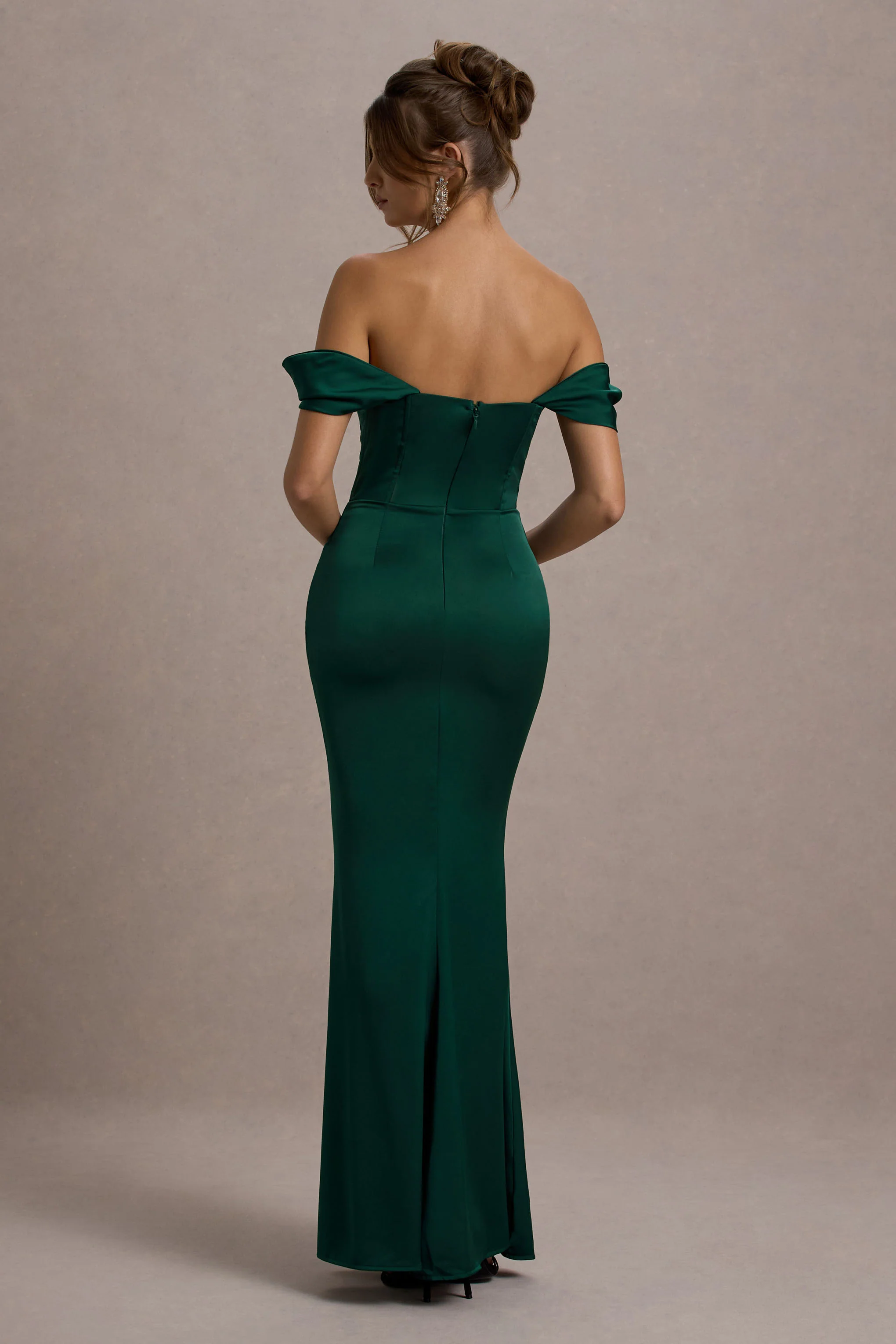 Kimberly | Bottle Green Bardot Fishtail Satin Maxi Dress