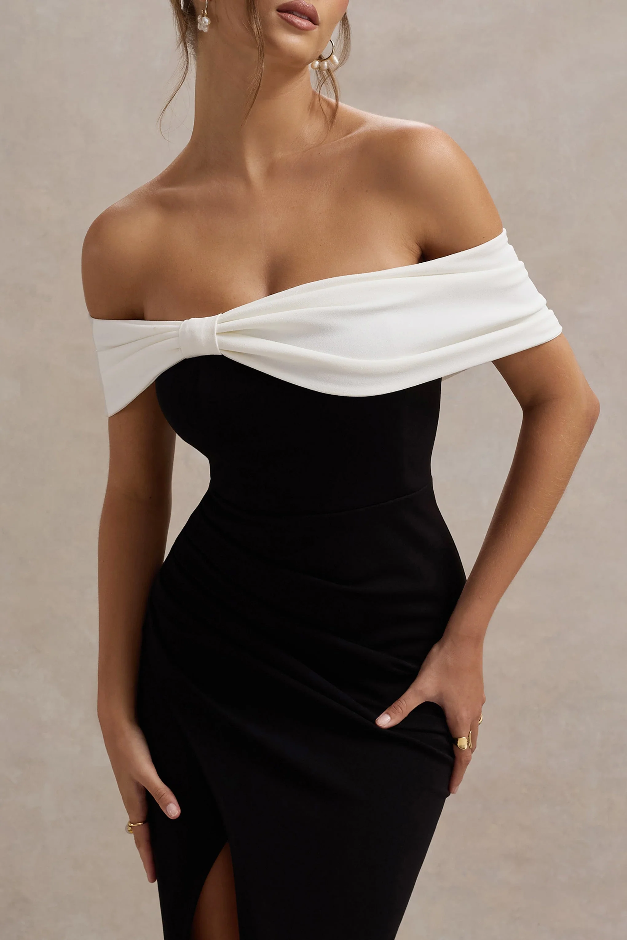 Eva | Black & White Bardot Bow Detail Maxi Dress With Thigh Split - luluinthesky