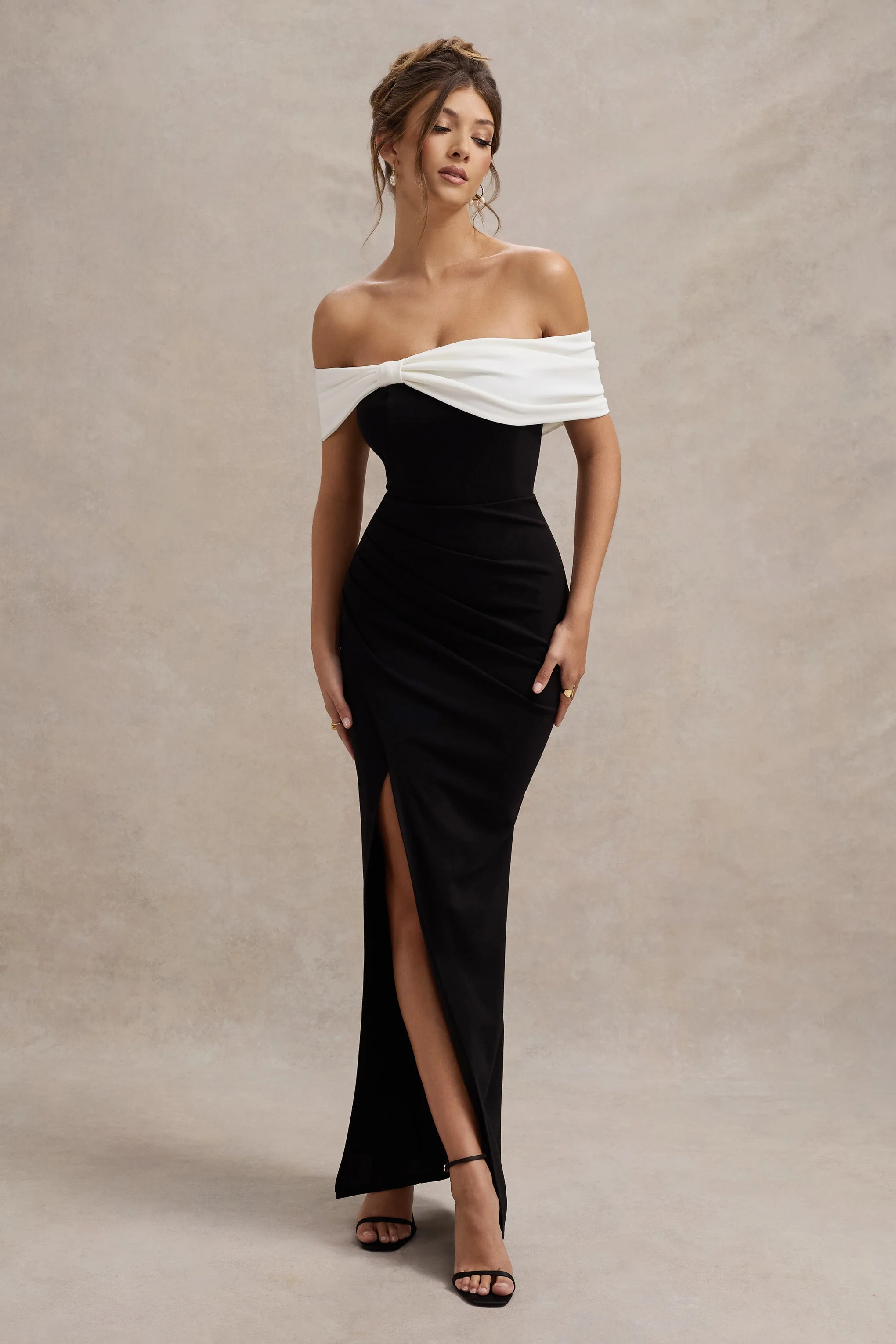 Eva | Black & White Bardot Bow Detail Maxi Dress With Thigh Split - luluinthesky