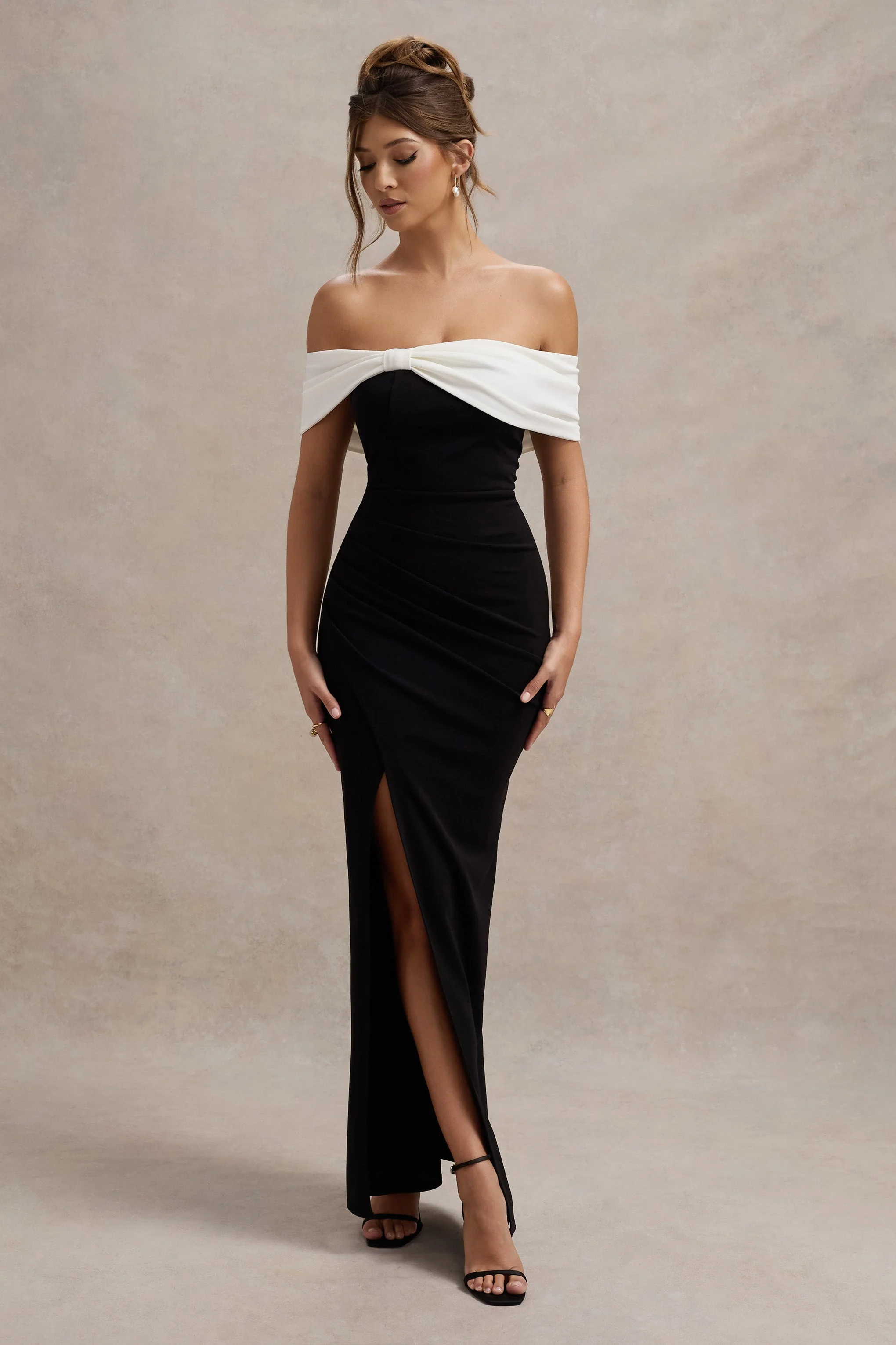 Eva | Black & White Bardot Bow Detail Maxi Dress With Thigh Split - luluinthesky