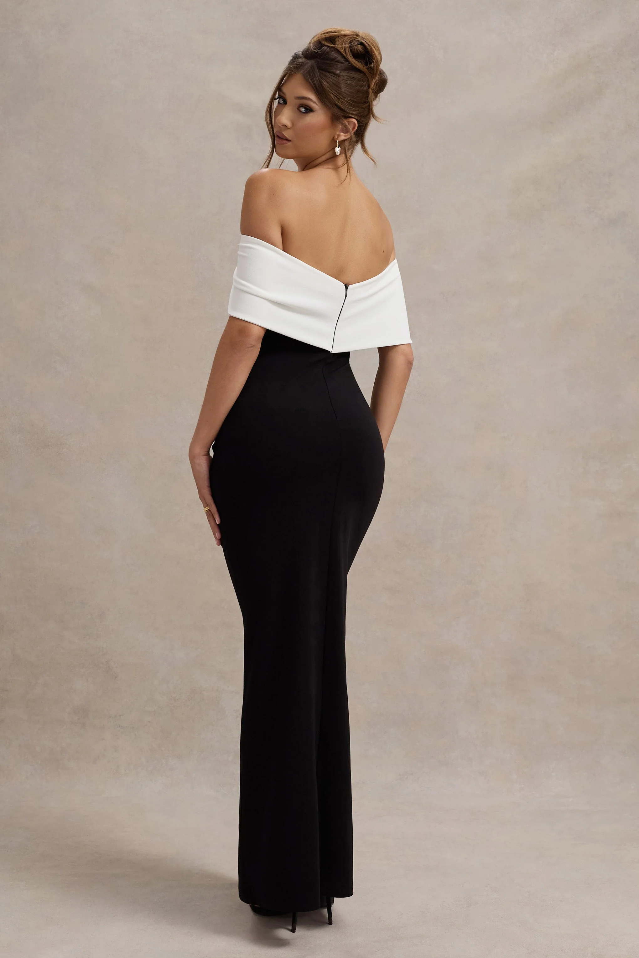 Eva | Black & White Bardot Bow Detail Maxi Dress With Thigh Split - luluinthesky