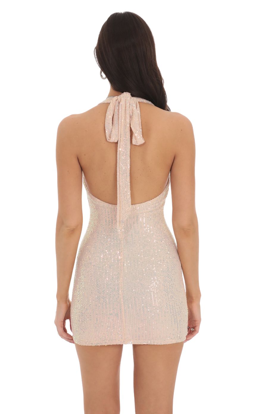 Iridescent Sequin Halter Dress in Champagne Cream - luluinthesky