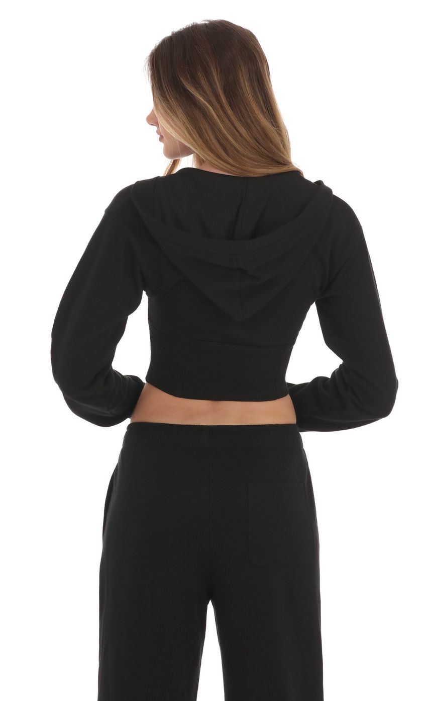 Cropped Pointed Hoodie Sports Suit in Black - luluinthesky