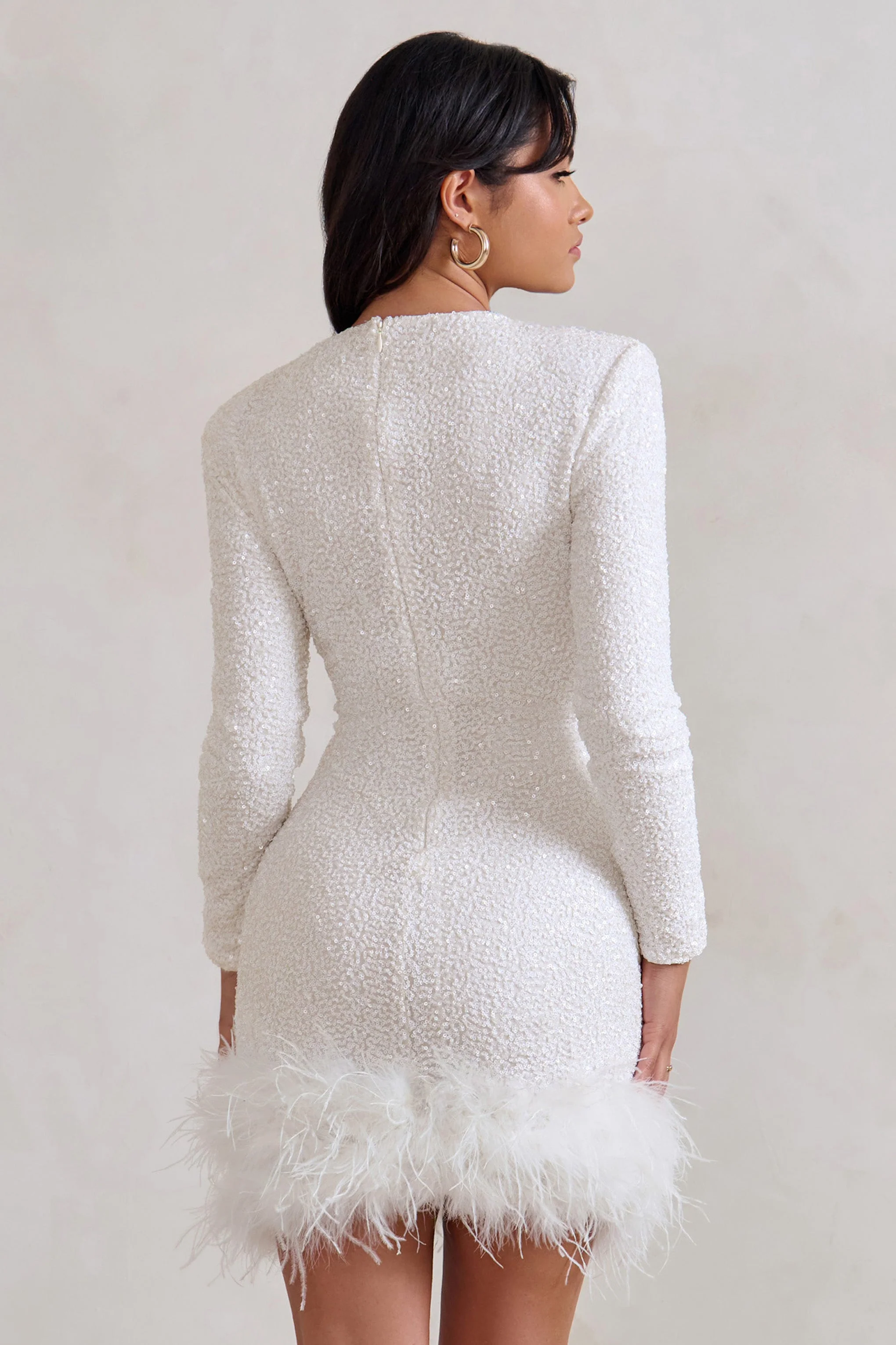 Claudia | White Sequin High Neck Feather Hem Mini Dress With Long Sleeves - luluinthesky