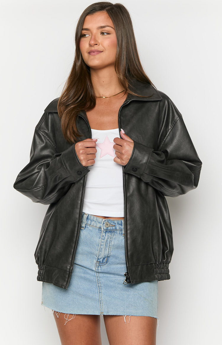 Abbi PU Black Bomber Jacket - luluinthesky
