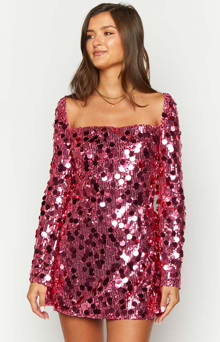 Marienne Pink Sequin Long Sleeve Mini Dress - luluinthesky