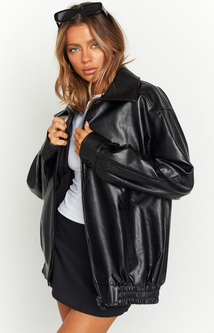 Abbi PU Black Bomber Jacket - luluinthesky