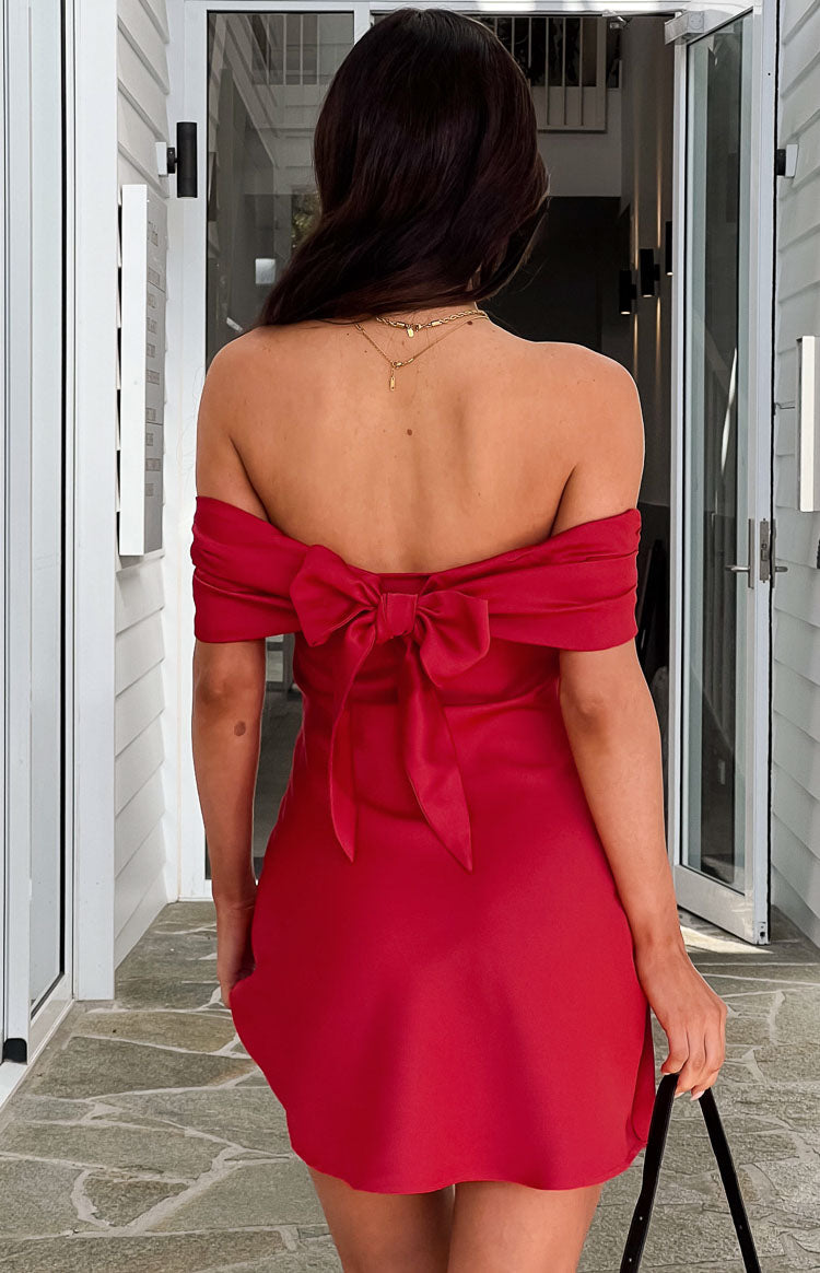 Primrose Red Satin Off the Shoulder Mini Dress - luluinthesky