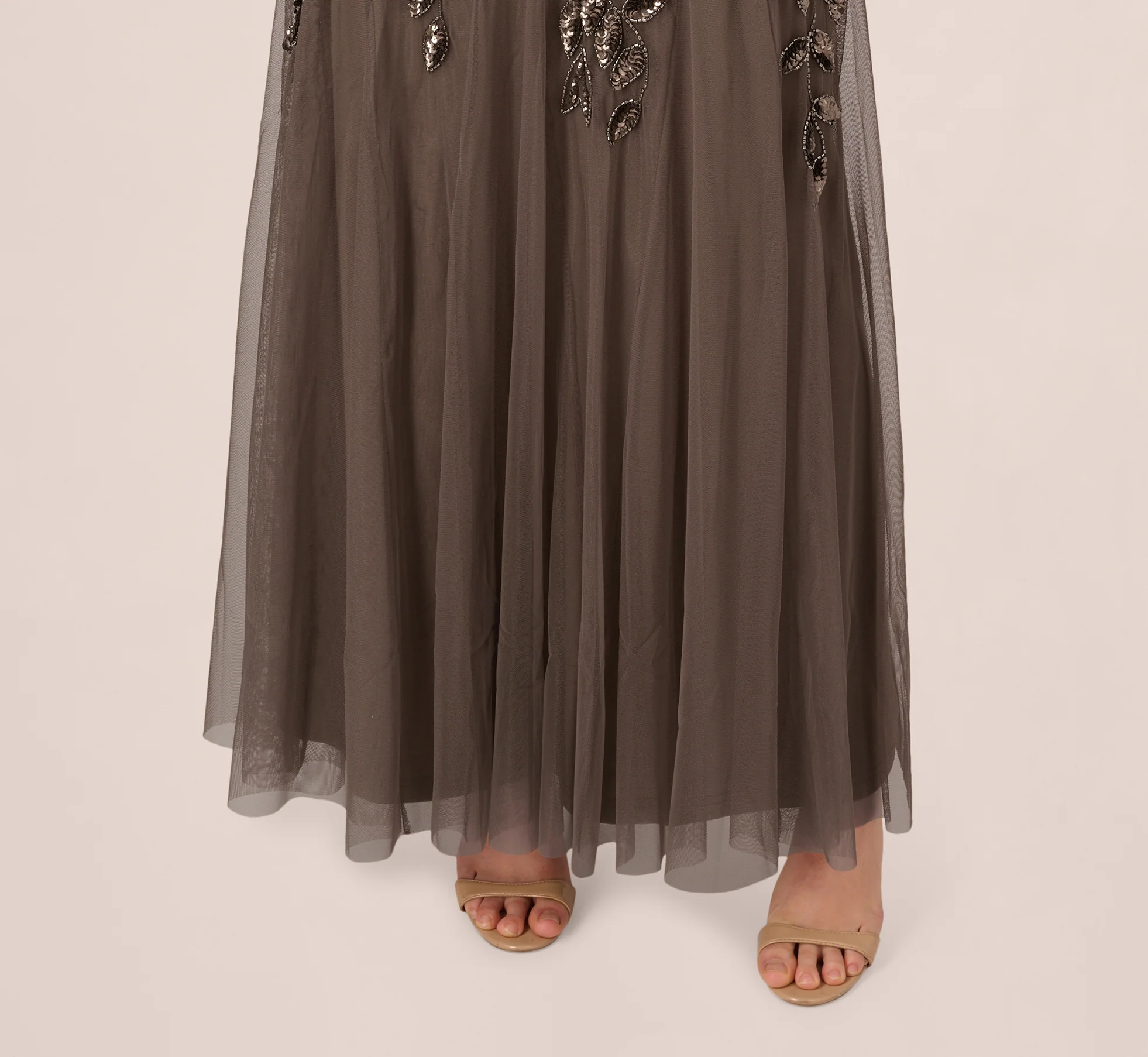 Hand Beaded Short Sleeve Floral Godet Gown In Lead - luluinthesky