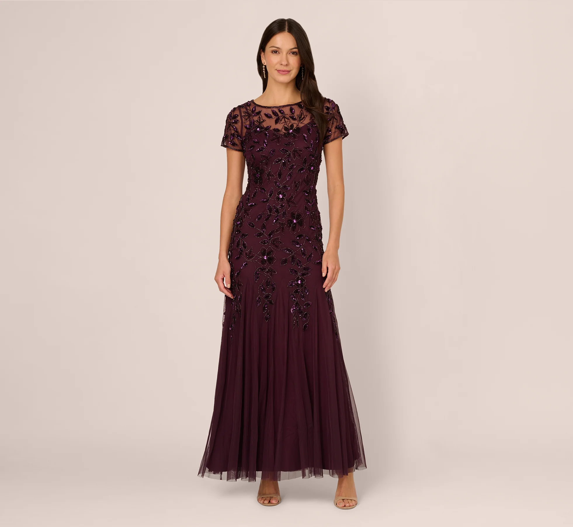 Hand Beaded Short Sleeve Floral Godet Gown In Night Plum - luluinthesky