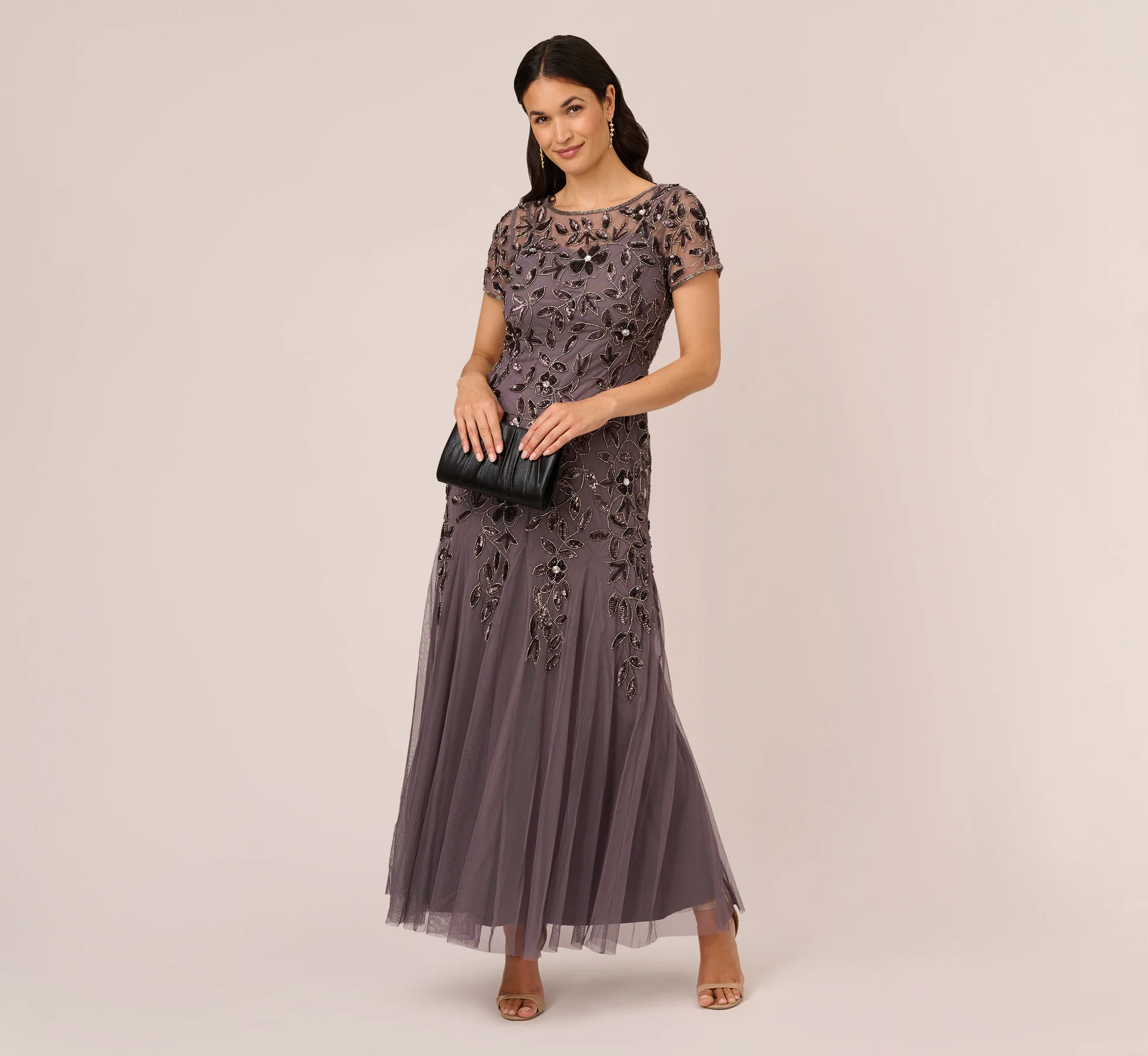 Hand Beaded Short Sleeve Floral Godet Gown In Moonscape - luluinthesky