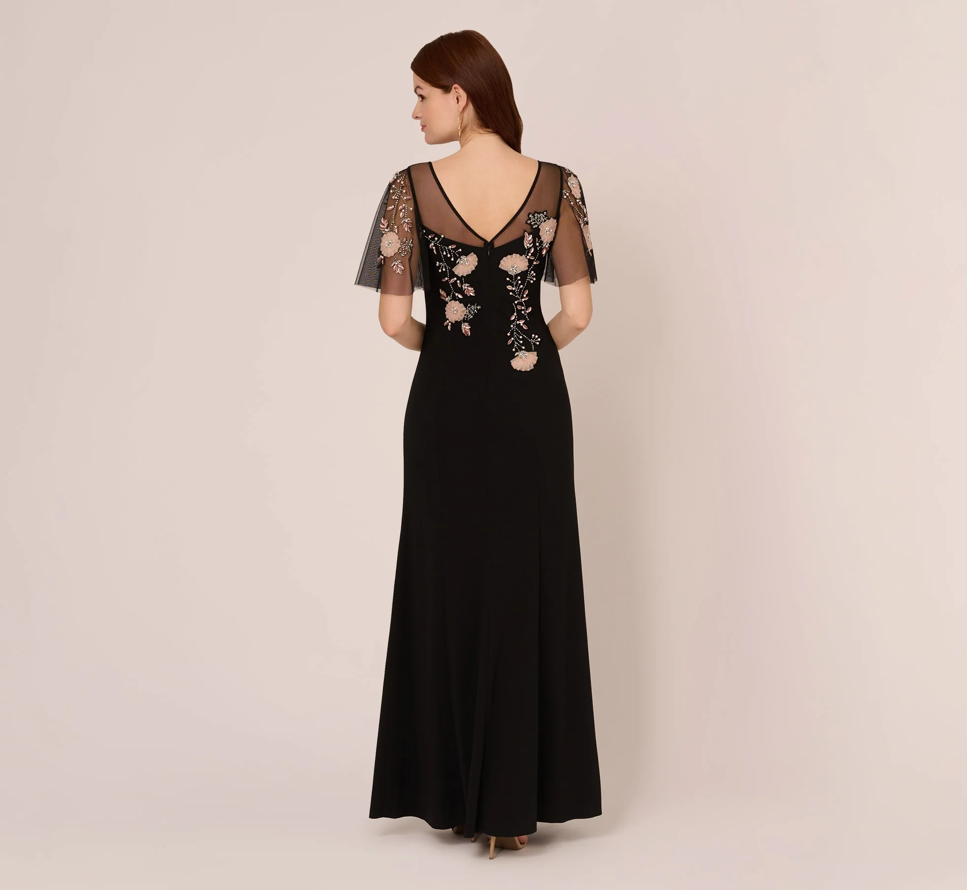 Flutter Sleeve Crepe Gown With Floral Sequin Beading In Black Blush Multi - luluinthesky