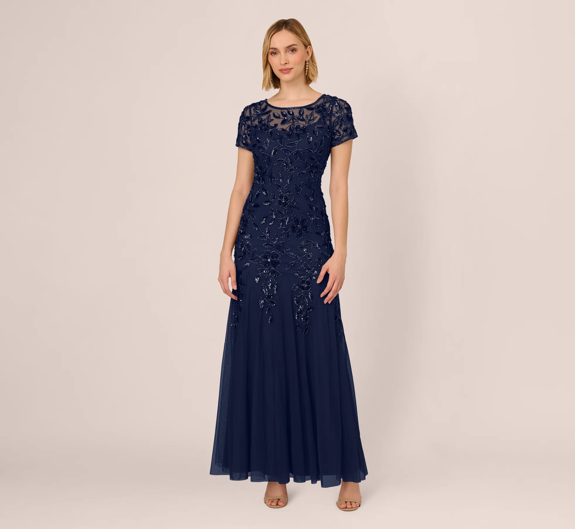 Hand Beaded Short Sleeve Floral Godet Gown In Light Navy - luluinthesky