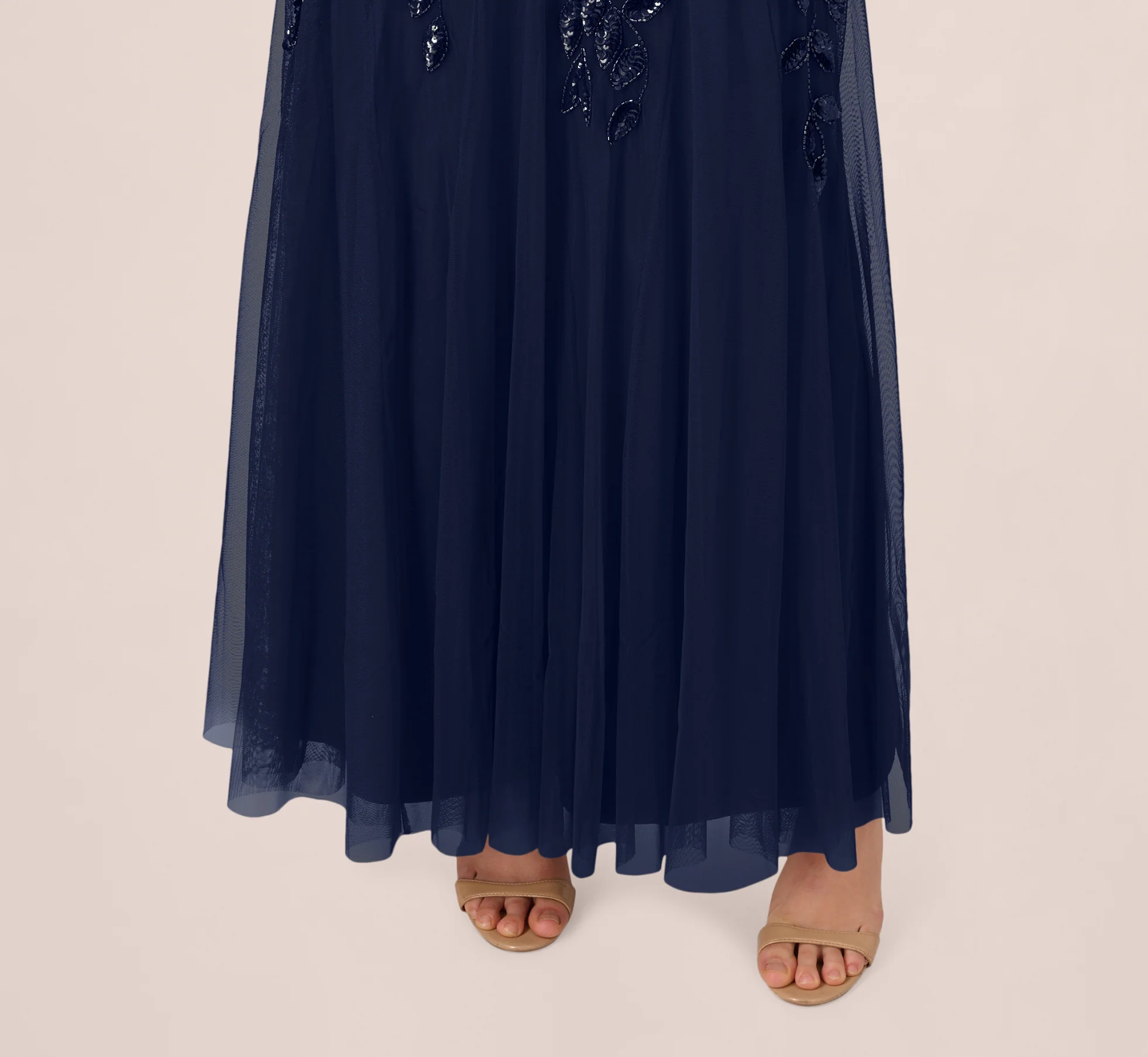 Hand Beaded Short Sleeve Floral Godet Gown In Light Navy - luluinthesky