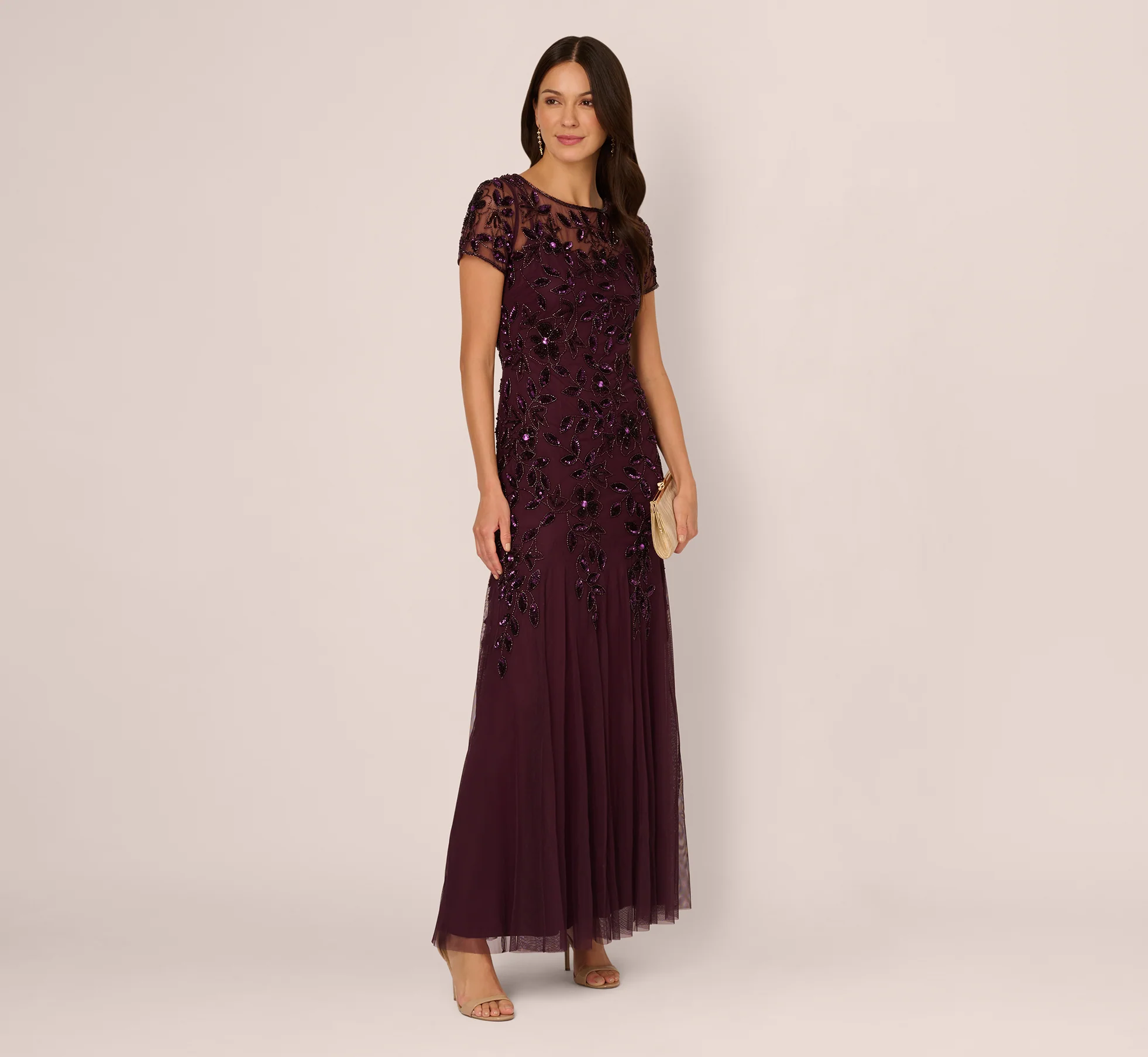 Hand Beaded Short Sleeve Floral Godet Gown In Night Plum - luluinthesky