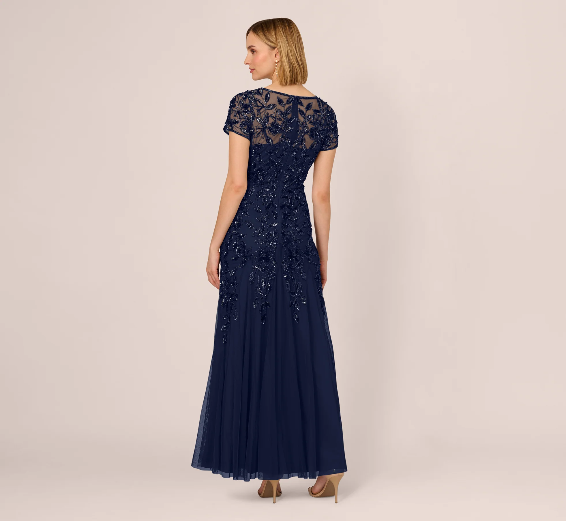 Hand Beaded Short Sleeve Floral Godet Gown In Light Navy - luluinthesky
