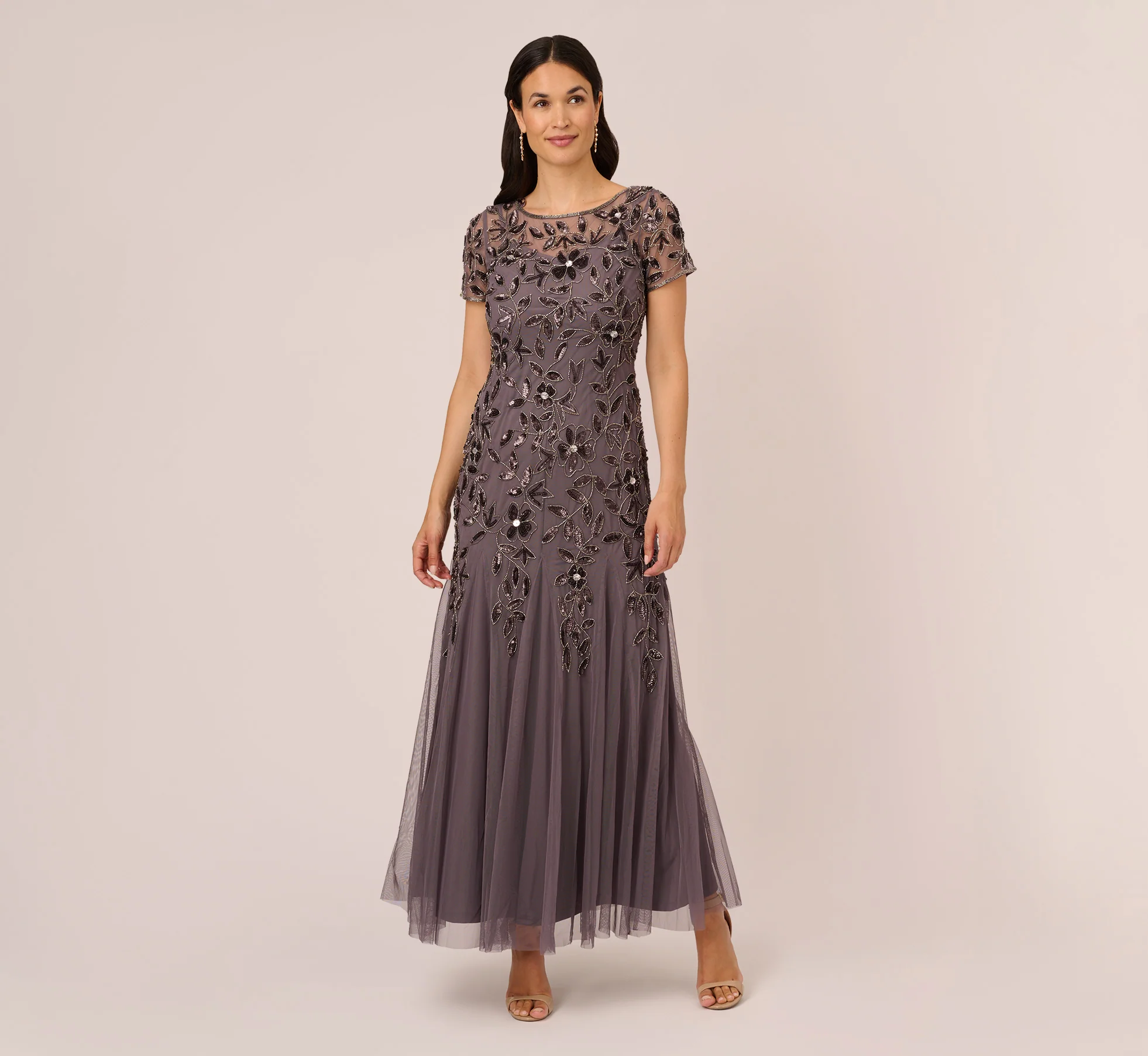 Hand Beaded Short Sleeve Floral Godet Gown In Moonscape - luluinthesky