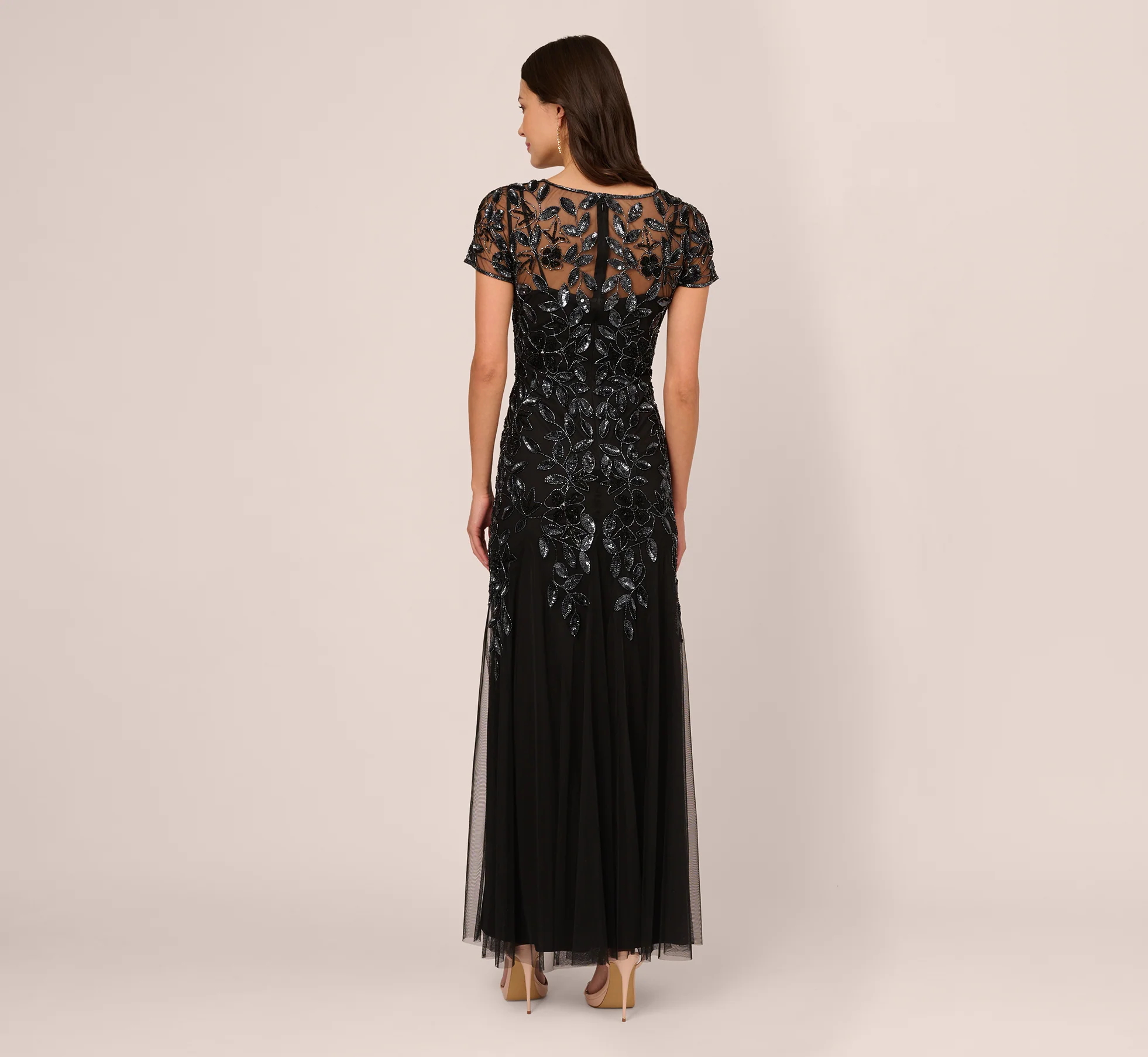 Hand Beaded Short Sleeve Floral Godet Gown In Black Gunmetal - luluinthesky