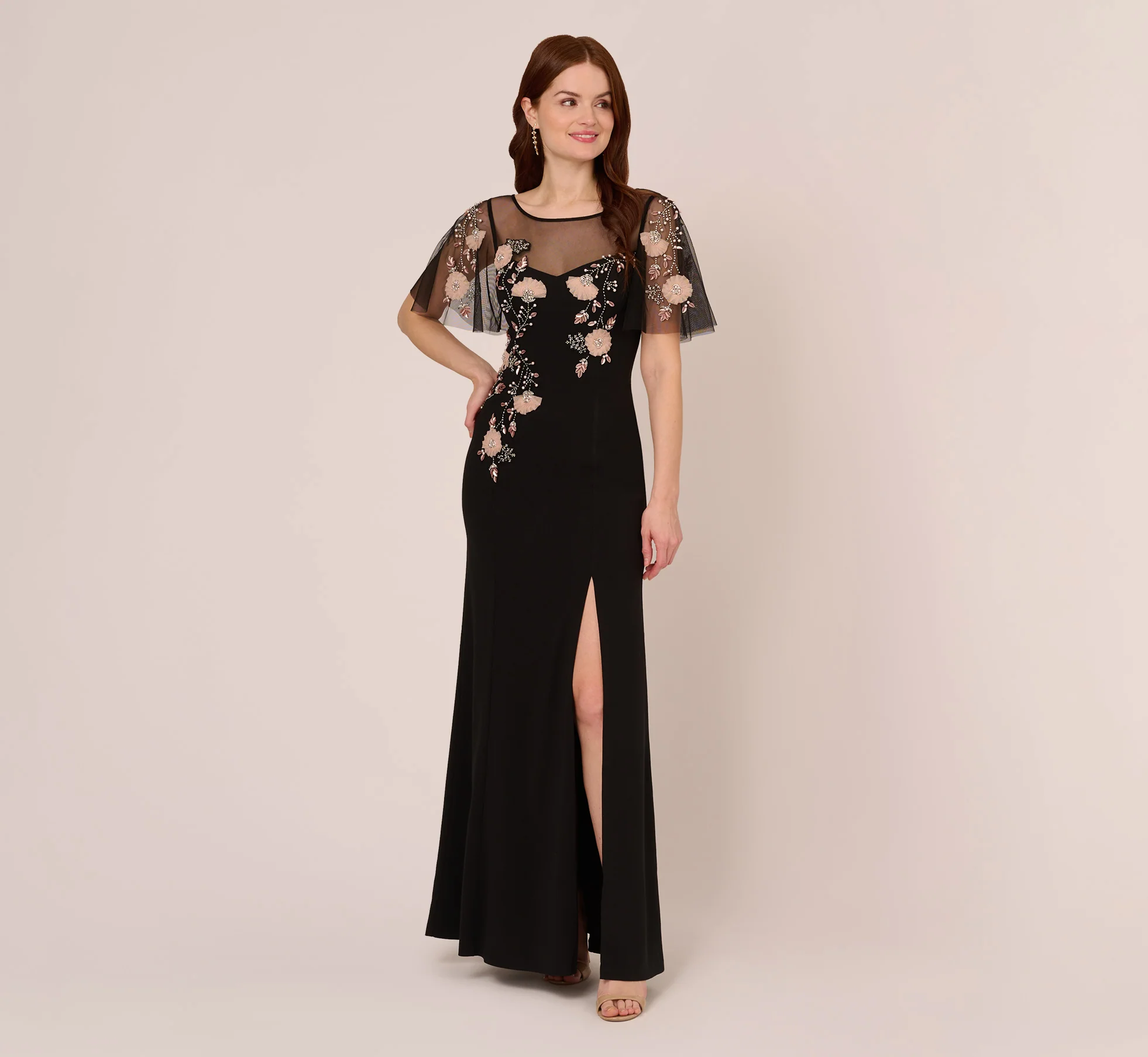 Flutter Sleeve Crepe Gown With Floral Sequin Beading In Black Blush Multi - luluinthesky