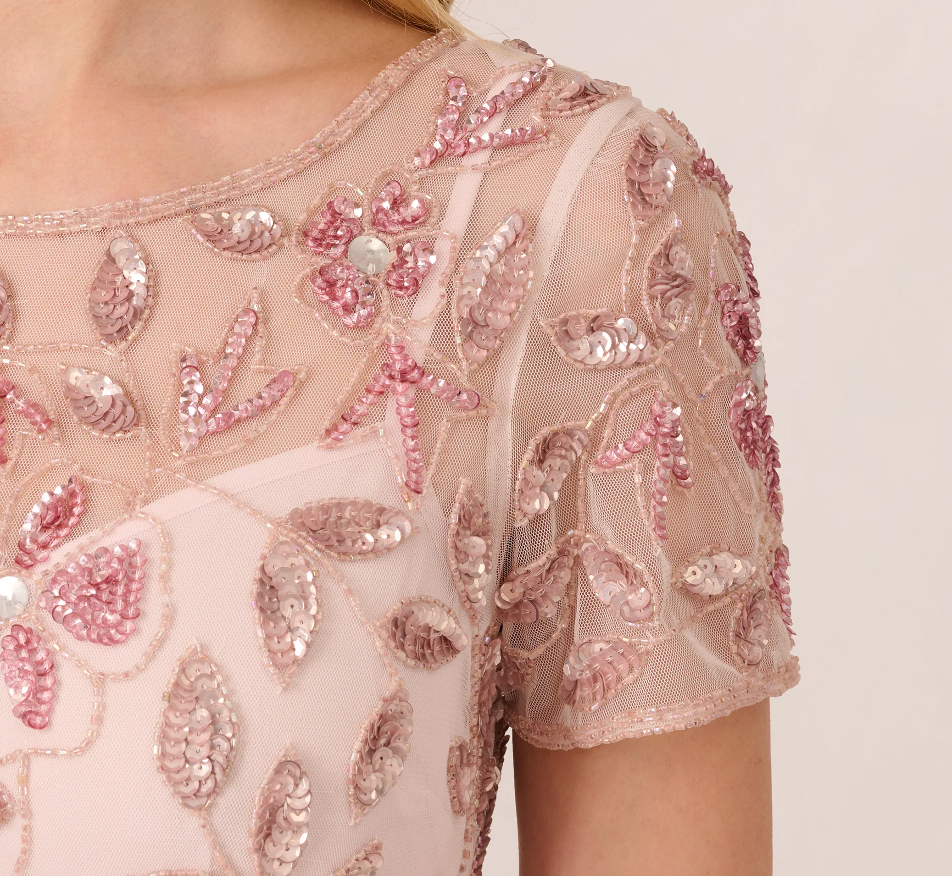 Hand Beaded Short Sleeve Floral Godet Gown In Blush Pink - luluinthesky
