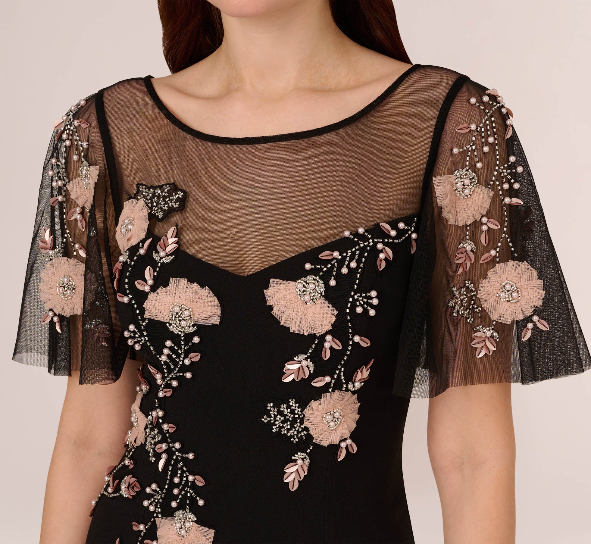 Flutter Sleeve Crepe Gown With Floral Sequin Beading In Black Blush Multi - luluinthesky