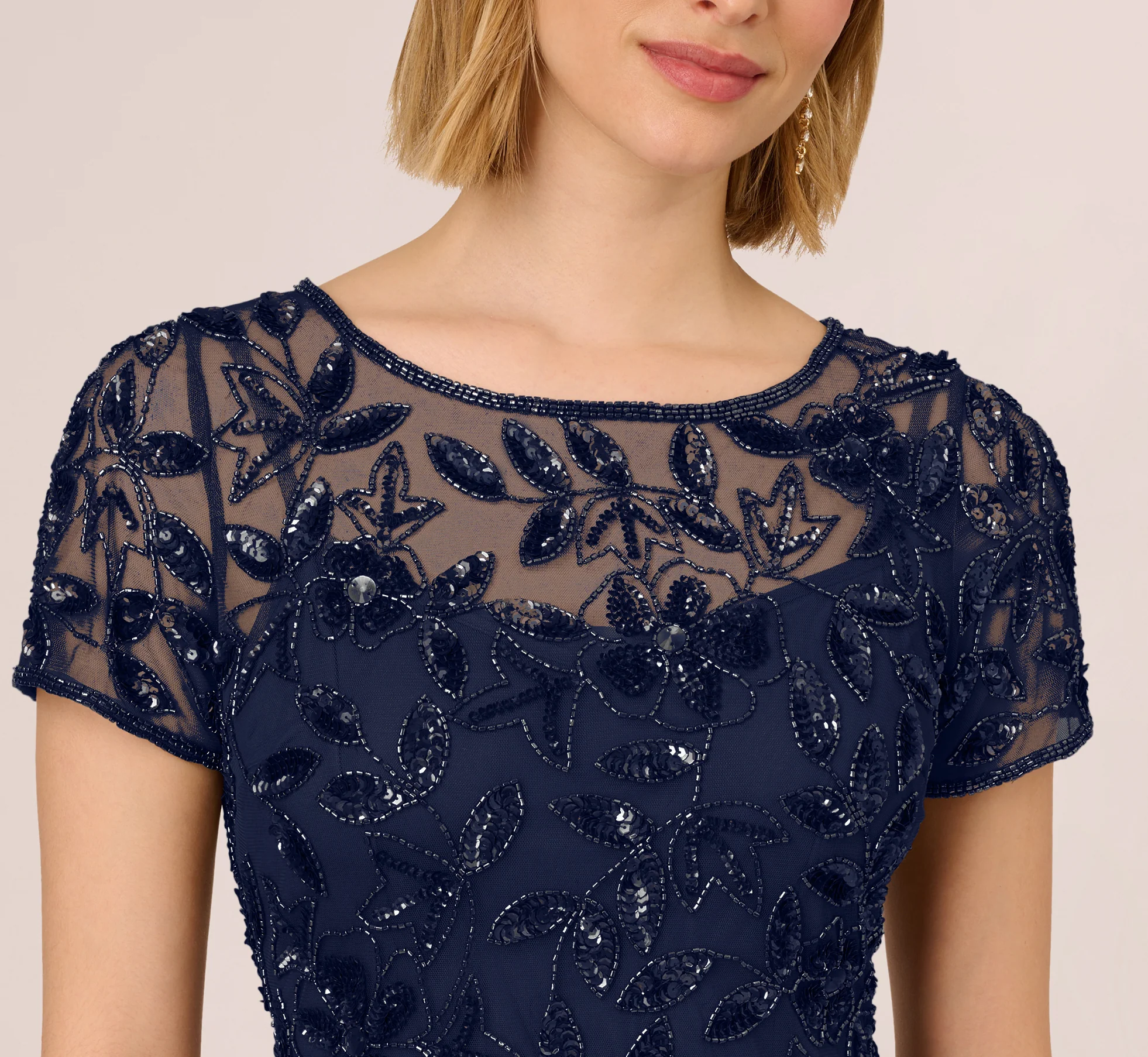 Hand Beaded Short Sleeve Floral Godet Gown In Light Navy - luluinthesky
