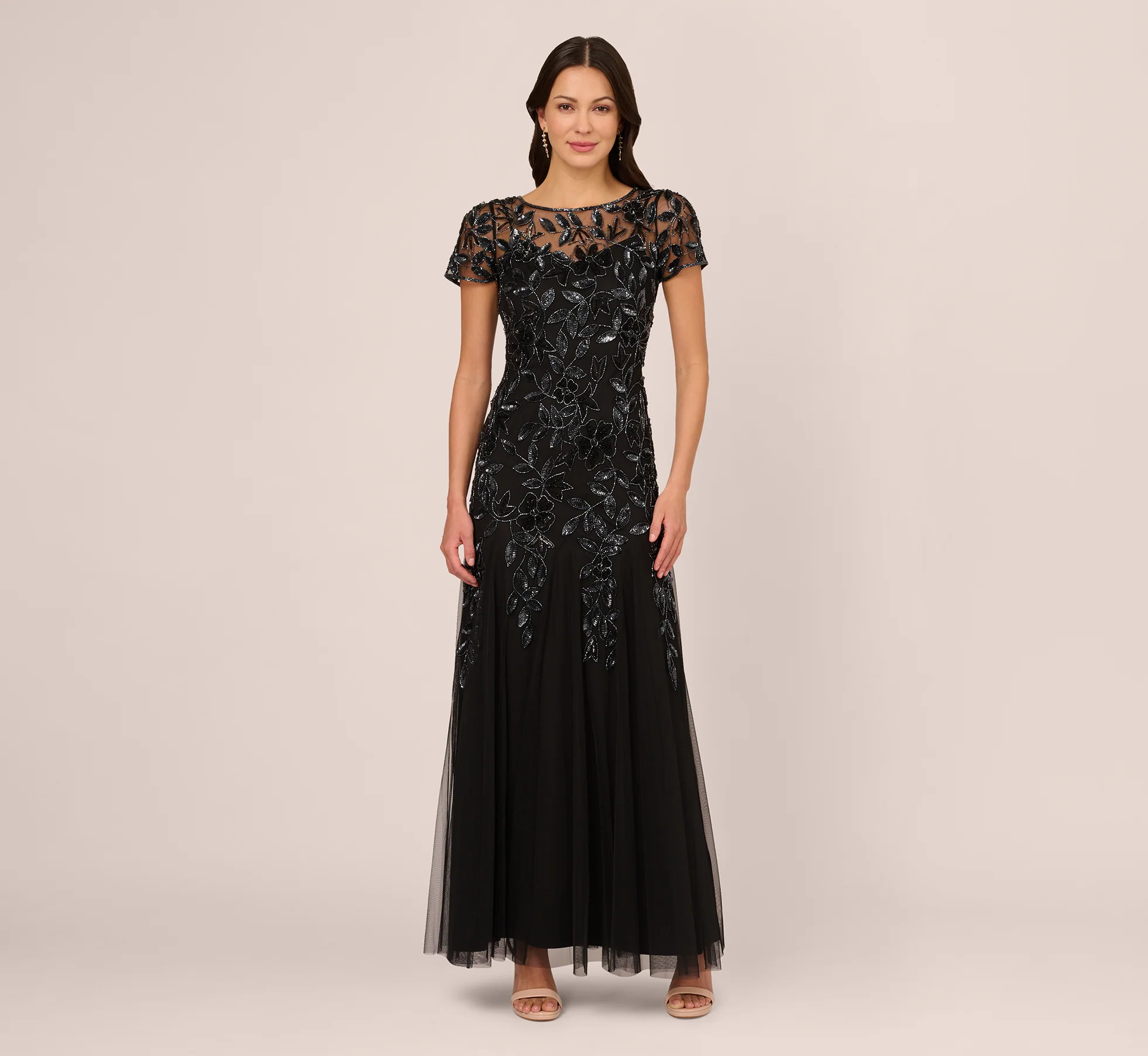Hand Beaded Short Sleeve Floral Godet Gown In Black Gunmetal - luluinthesky