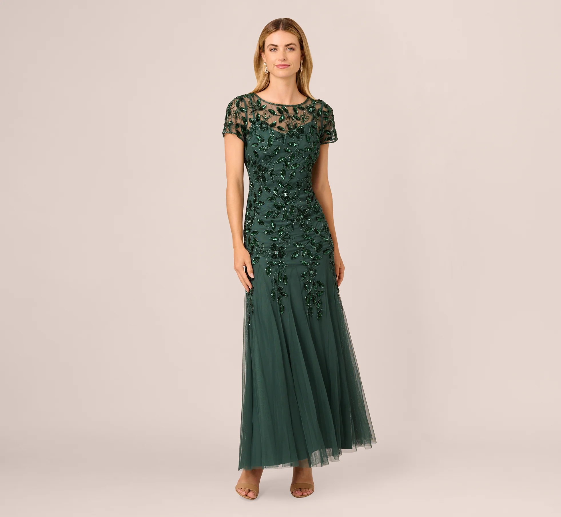Hand Beaded Short Sleeve Floral Godet Gown In Dusty Emerald - luluinthesky