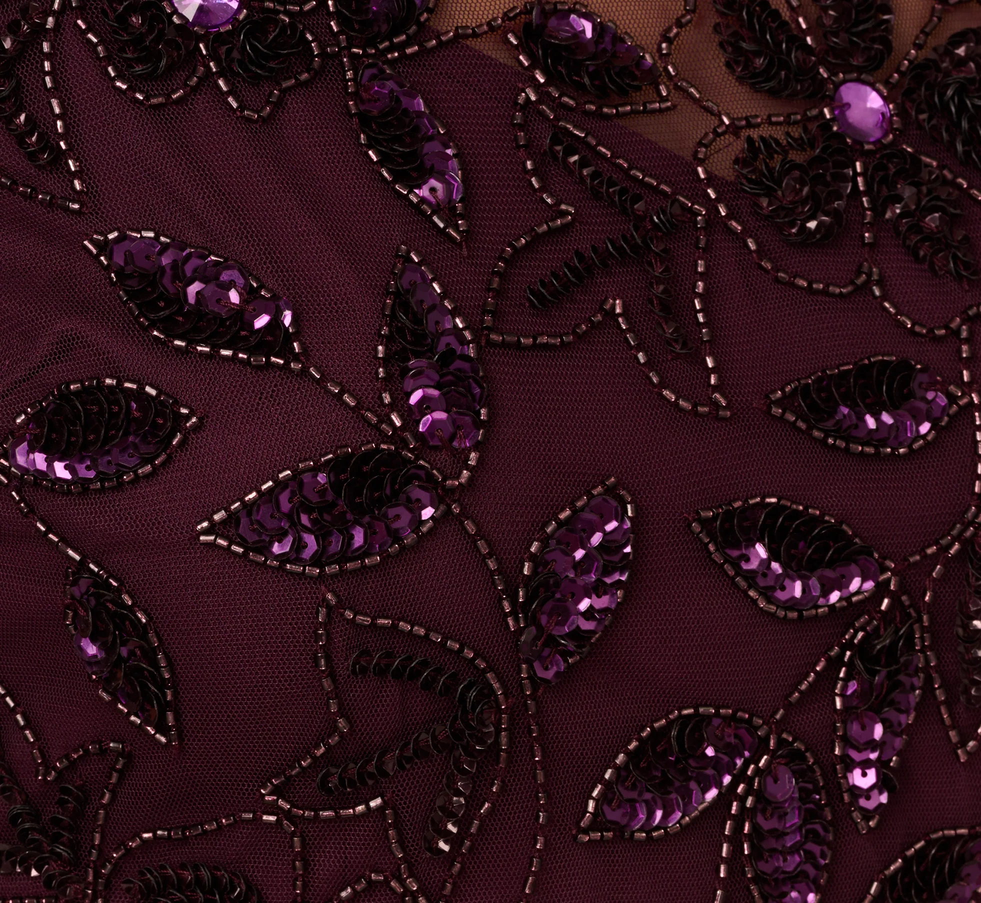 Hand Beaded Short Sleeve Floral Godet Gown In Night Plum - luluinthesky